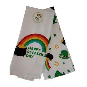 Happy St. Patricks Day Rainbow & Pot Of Gold Cotton Dish Towels‎ - Set Of 2